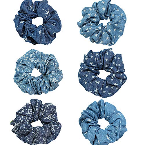 6 Pcs Blue scrunchies for hair Denim Hair Scrunchies Accessories Cloth Blue Hair Ties Scrunchy for Woman Girls Blue Ribbon Elastic Hair Bands Ropes Ponytail Holders