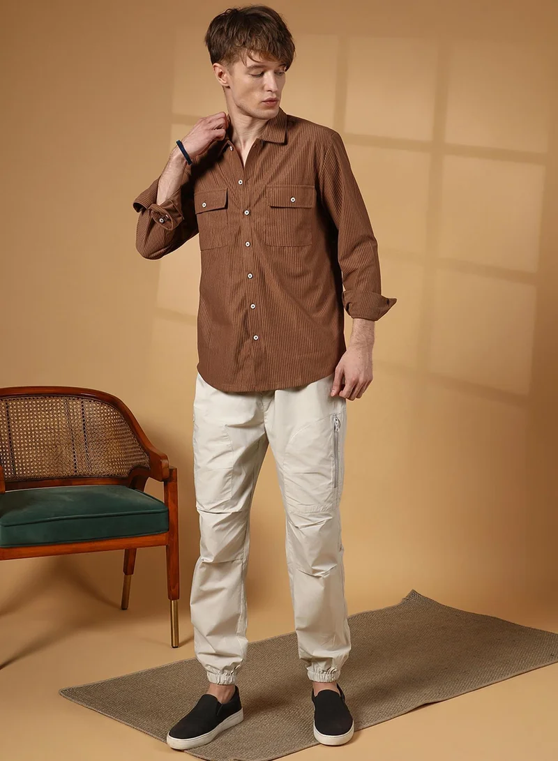 CAHOOT  Men's Tawny Brown Solid Ribbed Utility Shirt for Men | Best Price UAE