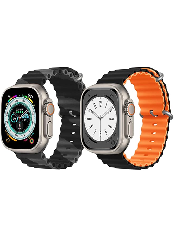 IAF Silicone Ocean Band Strap for Apple Watch Ultra 8 49mm Black/Gray Double Line Strap with Black/Orange Double Side Strap Set of 2