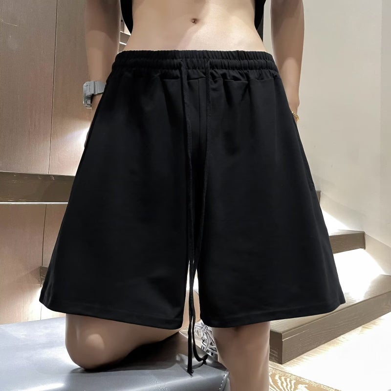 American Style High Street Shorts Mens Summer Casual Solid Color Middle Pants Lazy Style Simple Drawstring Five-point Sports Pants Black 