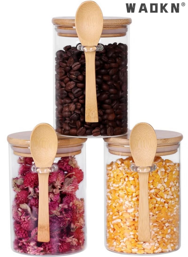 WAOKN Glass Jars with Bamboo Lids & Spoons 600ml Airtight Glass Spice Jars Clear Sugar Container Food Storage Containers for Coffee Beans Spice Sugar Tea Nuts Candy Salts - Image 1