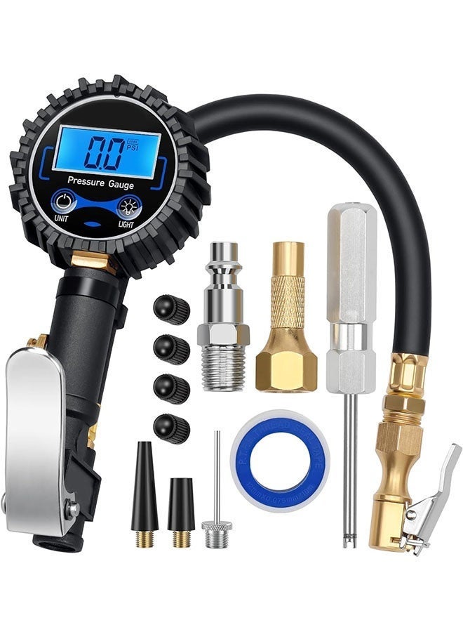 مقياس ضغط الإطارات الرقمي مع مضخم (3-250 PSI 0.1 لقرار العرض) ، شاك الهواء الثقيل واكسسوارات الضاغط مع خرطوم المطاط ومربط الاتصال السريع ، الأزرق - Image 1