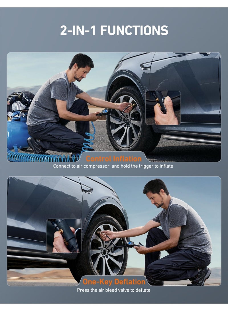 مقياس ضغط الإطارات الرقمي مع مضخم (3-250 PSI 0.1 لقرار العرض) ، شاك الهواء الثقيل واكسسوارات الضاغط مع خرطوم المطاط ومربط الاتصال السريع ، الأزرق - Image 3