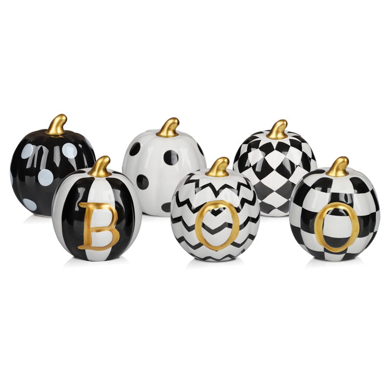 DAZONGE Halloween Decorations Indoor  Set of 6 Ceramic Pumpkin Decor  Assorted Black and White Boo Pumpkins for Fall Autumn Home Decor