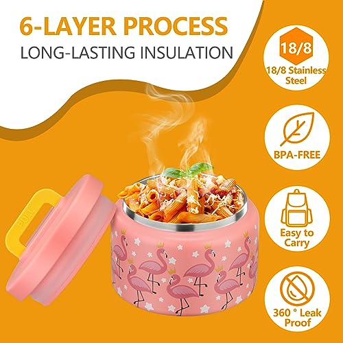 PIQUEBAR 8oz Kids Thermo for Hot Food,Small Lunch Thermos Food Container Stainless Steel,Easy Open Wide Mouth Thermo for Hot Cold Food for Preschool Travel (Pink Flamingos) - Image 4