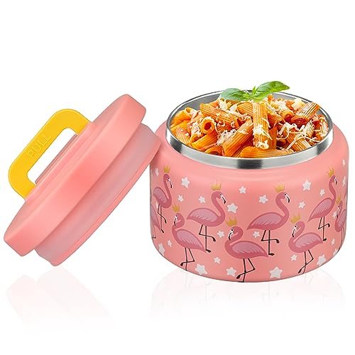 PIQUEBAR 8oz Kids Thermo for Hot Food,Small Lunch Thermos Food Container Stainless Steel,Easy Open Wide Mouth Thermo for Hot Cold Food for Preschool Travel (Pink Flamingos) - Image 1