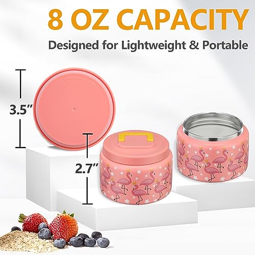 PIQUEBAR 8oz Kids Thermo for Hot Food,Small Lunch Thermos Food Container Stainless Steel,Easy Open Wide Mouth Thermo for Hot Cold Food for Preschool Travel (Pink Flamingos) - Image 2