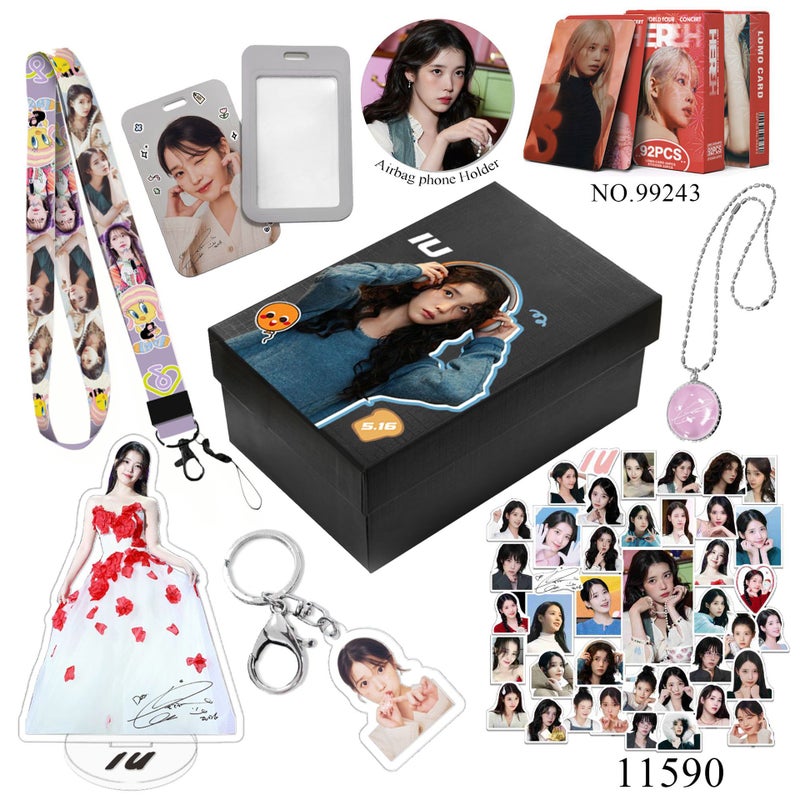 IU KPop Gift Set – Lemo Cards, Keychain, Necklace, Lanyard, Acrylic Stand, Stickers, Airbag Phone Holder – Fan Collectible Box for Women & Girls
