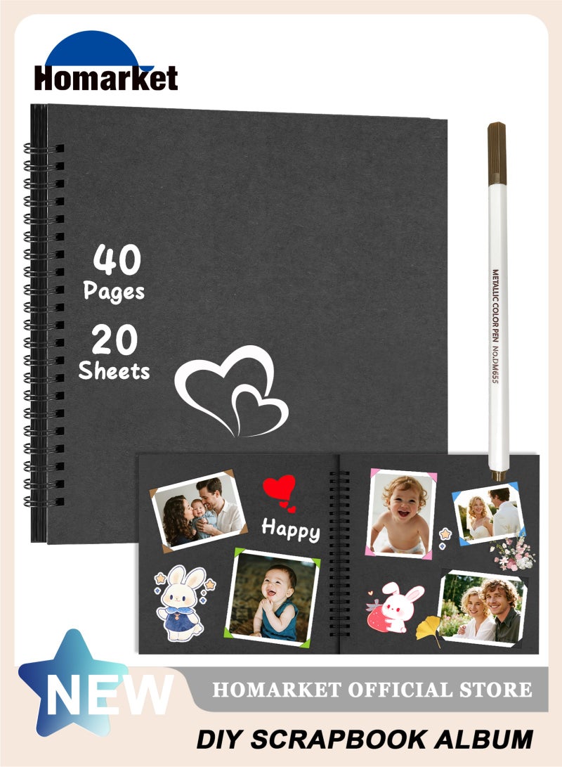 هومار كيت ألبوم قصاصات ورق كرافت بغلاف مقوى مقاس 8 × 8 بوصة، 40 صفحة، ألبومات صور، دفتر ذكريات مع قلم معدني لحفلات الزفاف والذكرى السنوية للعائلة (أسود، 8 بوصة) - Image 1
