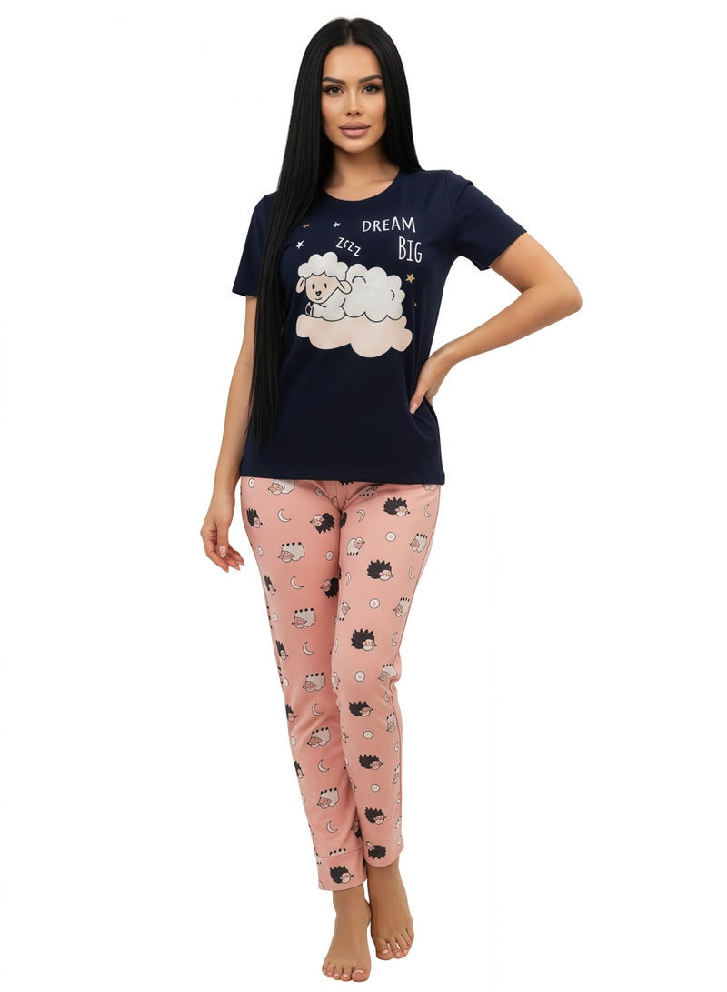 جوانا طقم بيجاما نسائي بطبعة "احلمي بشكل كبير" - قميص بأكمام قصيرة وبنطال طويل، أسود - Image 4