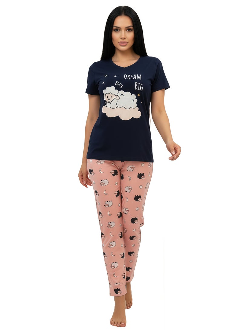 جوانا طقم بيجاما نسائي بطبعة "احلمي بشكل كبير" - قميص بأكمام قصيرة وبنطال طويل، أسود - Image 1