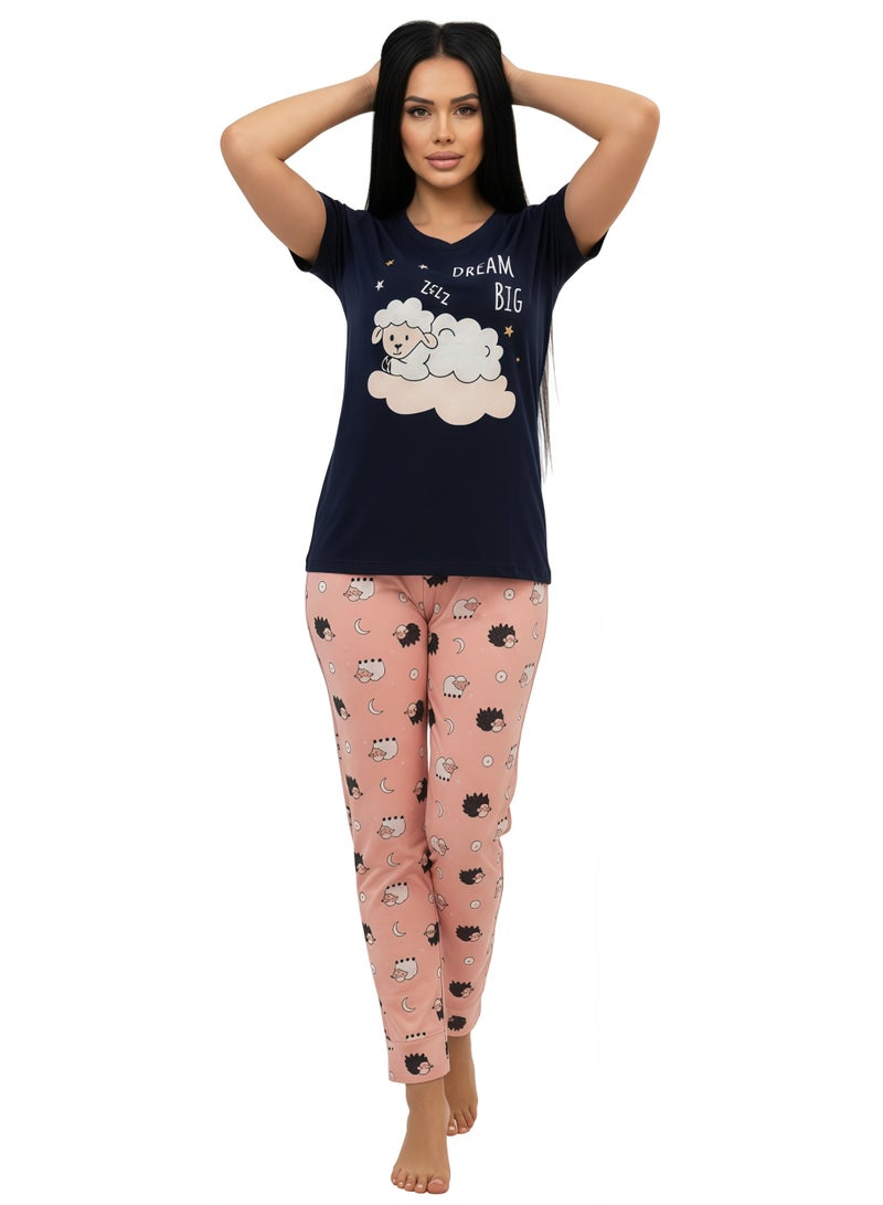 جوانا طقم بيجاما نسائي بطبعة "احلمي بشكل كبير" - قميص بأكمام قصيرة وبنطال طويل، أسود - Image 3