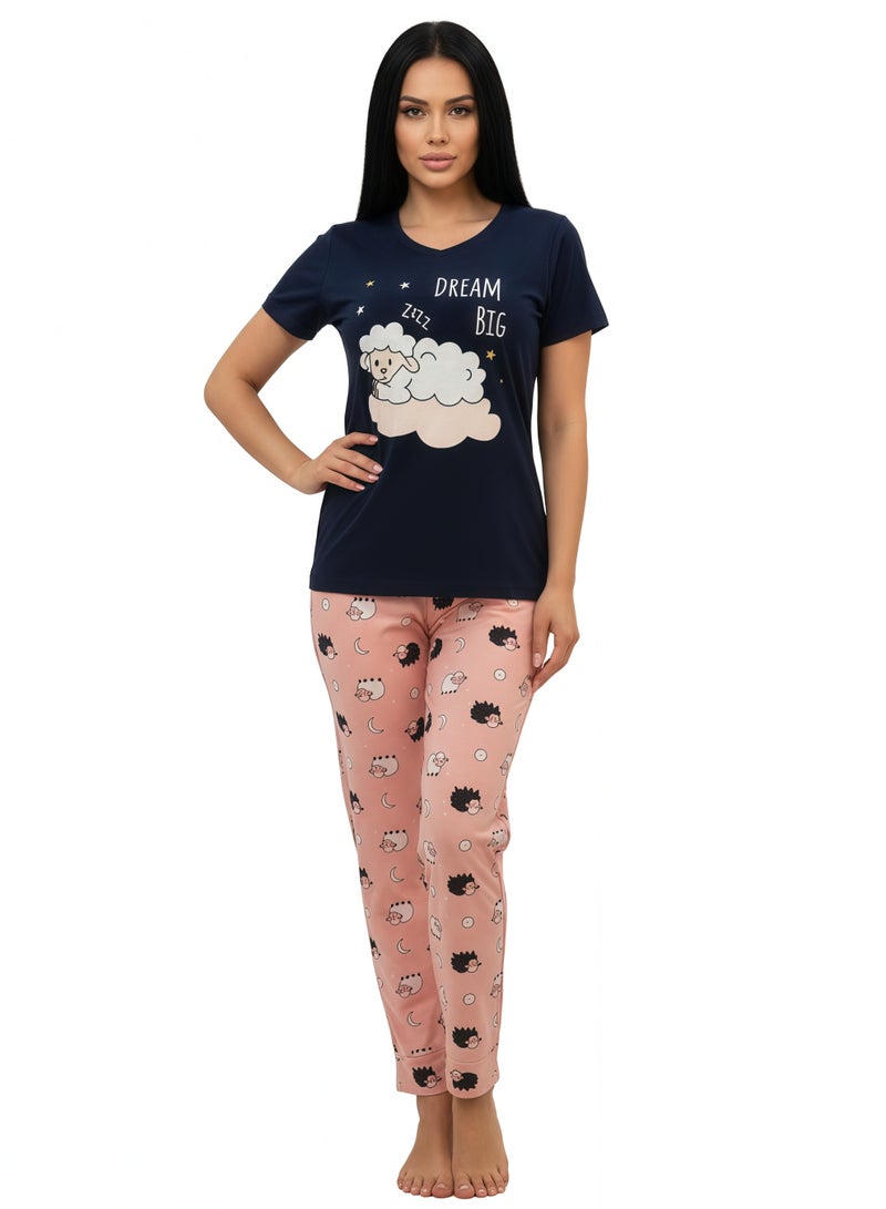 جوانا طقم بيجاما نسائي بطبعة "احلمي بشكل كبير" - قميص بأكمام قصيرة وبنطال طويل، أسود - Image 2