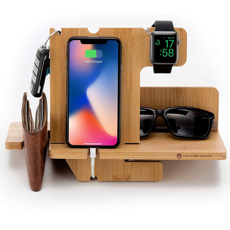 J JACKCUBE DESIGN JackCubeDesign Wood Docking Station Nightstand Organizer Key Holder Wallet Stand Watch Gift Anniversary for Men Dad Father Birthday Graduation Gadgets Compatible with iPhone iWatch AirPods MK242A - Image 2