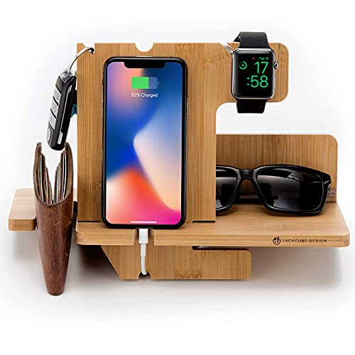 J JACKCUBE DESIGN JackCubeDesign Wood Docking Station Nightstand Organizer Key Holder Wallet Stand Watch Gift Anniversary for Men Dad Father Birthday Graduation Gadgets Compatible with iPhone iWatch AirPods MK242A - Image 1