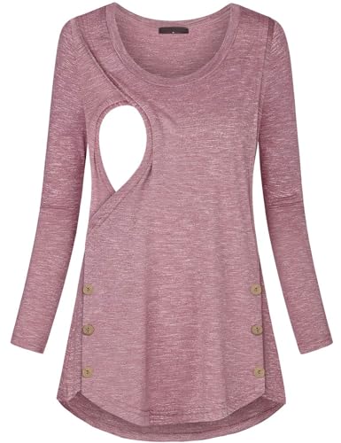 connche Quinee Maternity Tops and Blouses, Women Scoop Neck Long Sleeve Winter Loose Fashion Nursing Tunic for Leggings Breastfeeding Pumping Clothes Knitting Basic Tee Shirts Rose Red L - Image 1