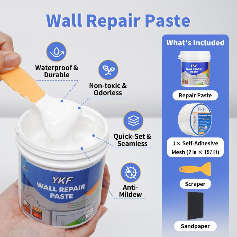 YKF Drywall Repair Kit (18 oz) - Spackle Wall Repair Paste with Scraper & Self-Adhesive Mesh - Quick Dry, Waterproof Wall Mending Agent for Holes, Cracks, Nail Holes, Dents, Graffiti (White) - Image 2
