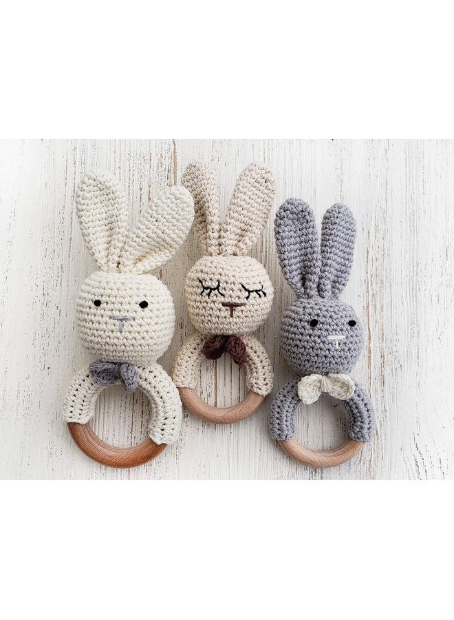 Mali Wear Natural Crochet Teether Toy Rattle for Baby Forest Friends Handmade Amigurumi Crochet Bunny Deer Fox on Natural Wooden Teething Ring Rattle Natural Baby Toys (Organic Bunny) - Image 3