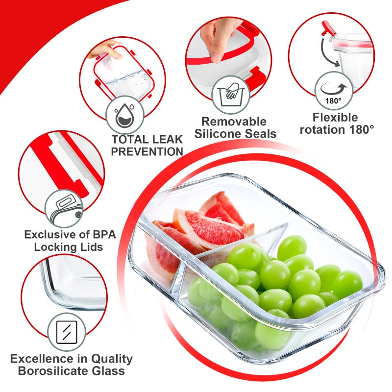VERONES 5 Pack Glass Meal Prep Containers 2 Compartment Set  36OZ Airtight Glass Lunch Containers  Glass Food Storage Containers with Lids  for Microwave  Oven  Freezer & Dishwasher Friendly Red - Image 2