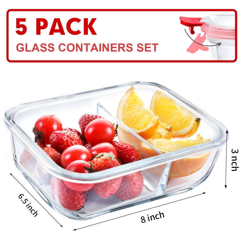 VERONES 5 Pack Glass Meal Prep Containers 2 Compartment Set  36OZ Airtight Glass Lunch Containers  Glass Food Storage Containers with Lids  for Microwave  Oven  Freezer & Dishwasher Friendly Red - Image 1