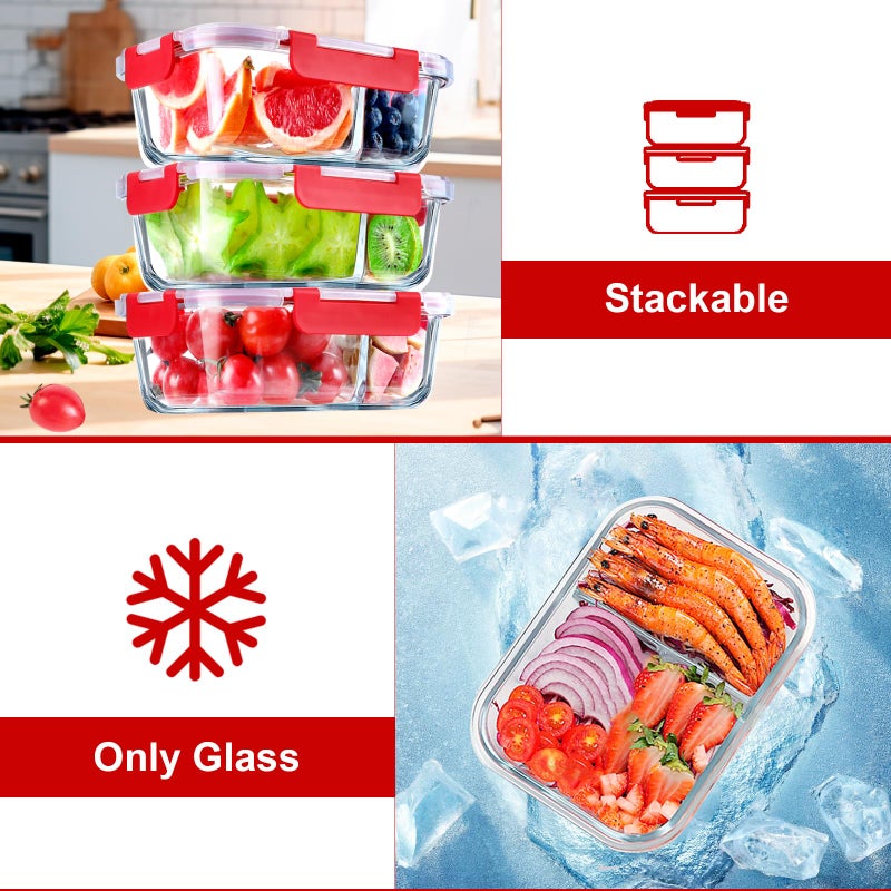 VERONES 5 Pack Glass Meal Prep Containers 2 Compartment Set  36OZ Airtight Glass Lunch Containers  Glass Food Storage Containers with Lids  for Microwave  Oven  Freezer & Dishwasher Friendly Red - Image 4