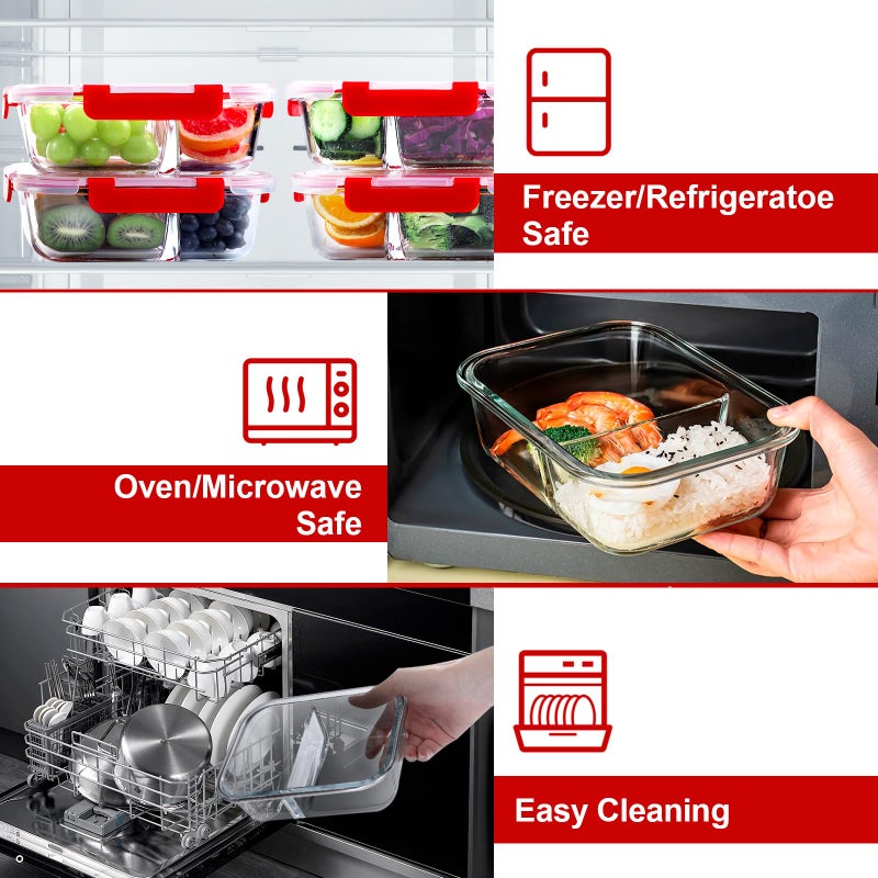 VERONES 5 Pack Glass Meal Prep Containers 2 Compartment Set  36OZ Airtight Glass Lunch Containers  Glass Food Storage Containers with Lids  for Microwave  Oven  Freezer & Dishwasher Friendly Red - Image 3