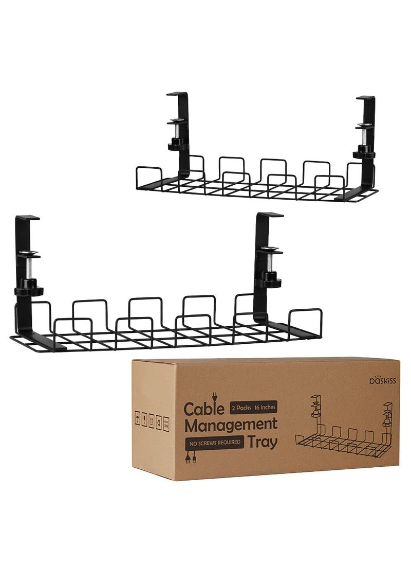 baskiss Under Desk Cable Management Trays 2 Pack 16 Clamp Mounted Cord Organizer Holder Wire Organization No Drill Holes Needed for Computer Home Office Standing Tables to Conceal Power Strips 