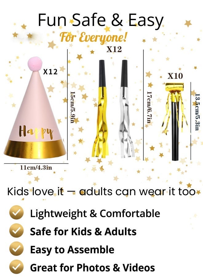 Farahom 34 Pcs Birthday Party Hats with Noise Makers Set, Pink & Gold / Blue & Gold Cone Hats for Kids & Adults, Fun Blowouts & Whistles, Party Decorations Supplies - Image 3