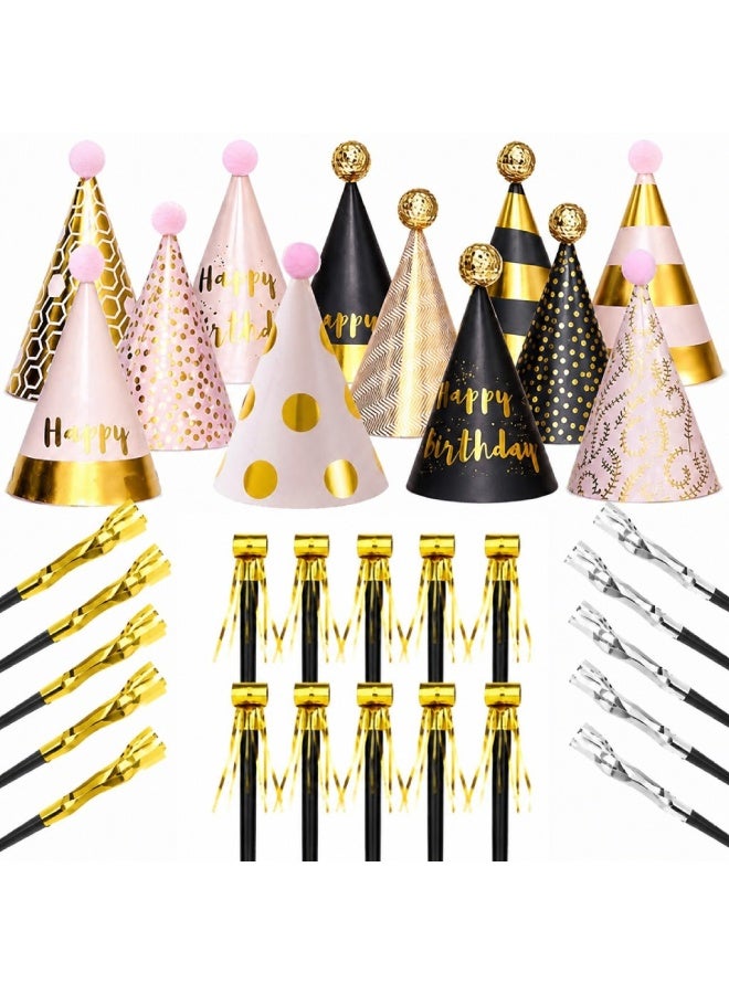 Farahom 34 Pcs Birthday Party Hats with Noise Makers Set, Pink & Gold / Blue & Gold Cone Hats for Kids & Adults, Fun Blowouts & Whistles, Party Decorations Supplies - Image 1