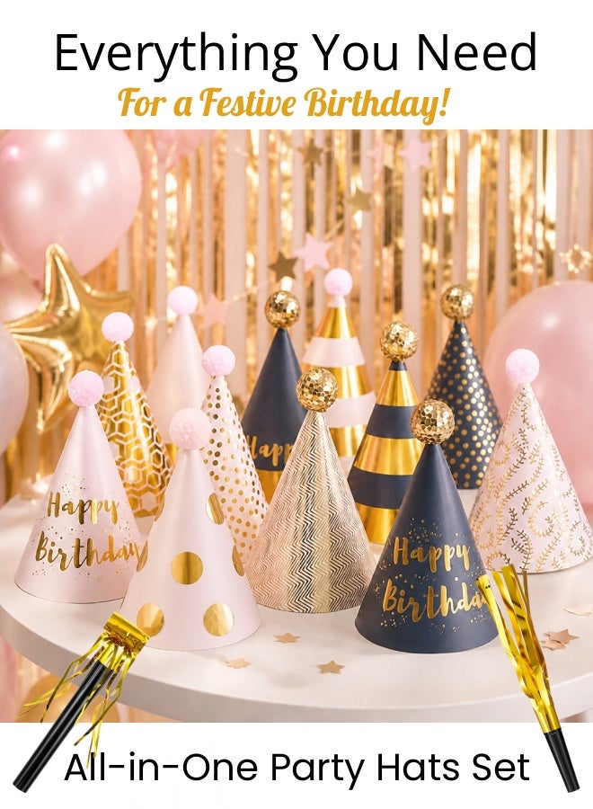 Farahom 34 Pcs Birthday Party Hats with Noise Makers Set, Pink & Gold / Blue & Gold Cone Hats for Kids & Adults, Fun Blowouts & Whistles, Party Decorations Supplies - Image 2