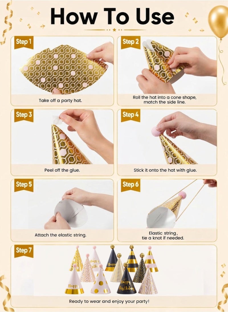 Farahom 34 Pcs Birthday Party Hats with Noise Makers Set, Pink & Gold / Blue & Gold Cone Hats for Kids & Adults, Fun Blowouts & Whistles, Party Decorations Supplies - Image 5