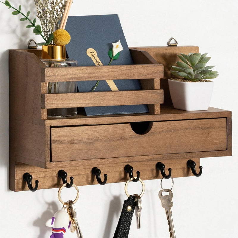 dreampossible Key and Mail Holder for Wall Mail Organizer Wall Mount with 6 Hooks and Storage Drawer Wooden Key Rack Hanger with Shelf for Entryway and Home Decor