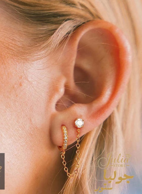 Cubic Zirconia Stud 18K Gold Plated Piercing Huggie Earrings Dainty 1 Piece Hoop Earrings Chain for Women Teen Girls Double Piercing Earrings Two Holes By Julia Store