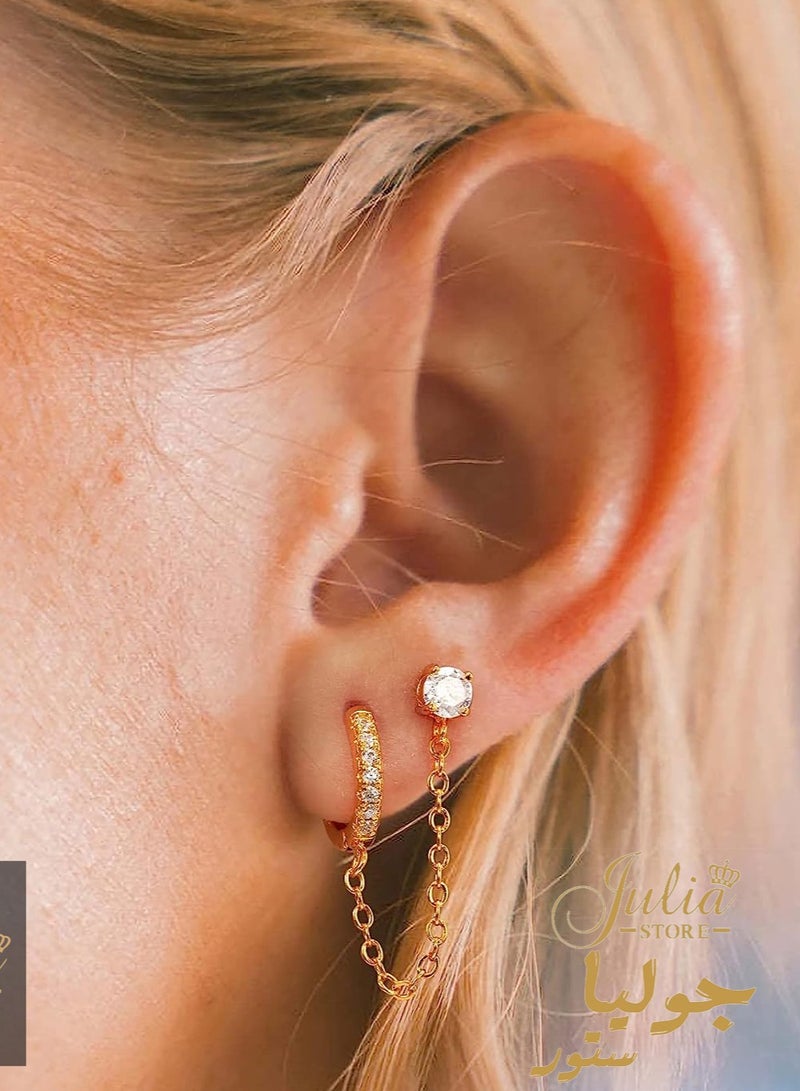 Julia Store Cubic Zirconia Stud 18K Gold Plated Piercing Huggie Earrings Dainty 1 Piece Hoop Earrings Chain for Women Teen Girls Double Piercing Earrings Two Holes By Julia Store - Image 1