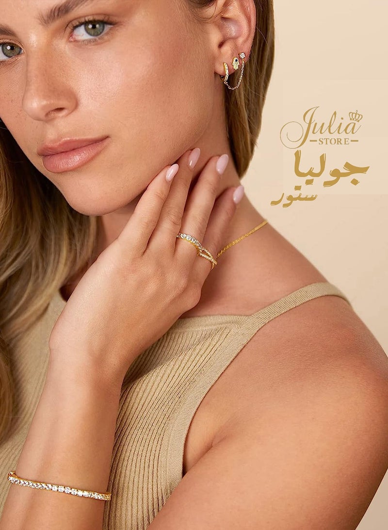 Julia Store Cubic Zirconia Stud 18K Gold Plated Piercing Huggie Earrings Dainty 1 Piece Hoop Earrings Chain for Women Teen Girls Double Piercing Earrings Two Holes By Julia Store - Image 2
