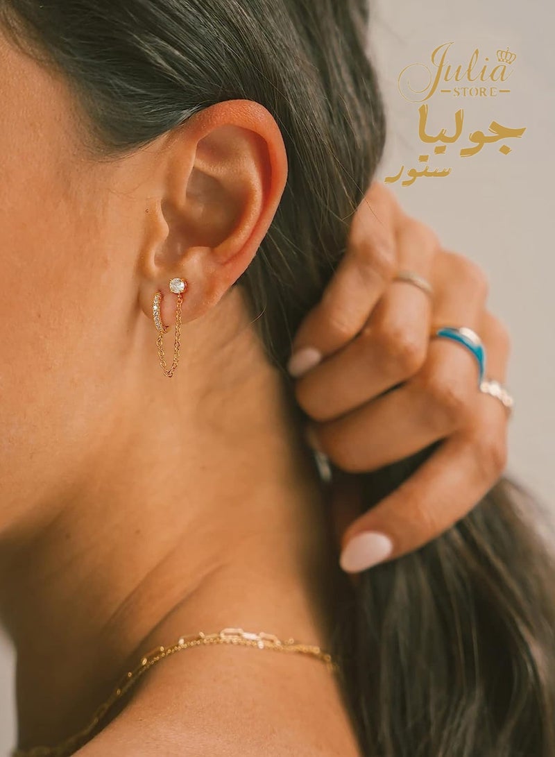 Julia Store Cubic Zirconia Stud 18K Gold Plated Piercing Huggie Earrings Dainty 1 Piece Hoop Earrings Chain for Women Teen Girls Double Piercing Earrings Two Holes By Julia Store - Image 3