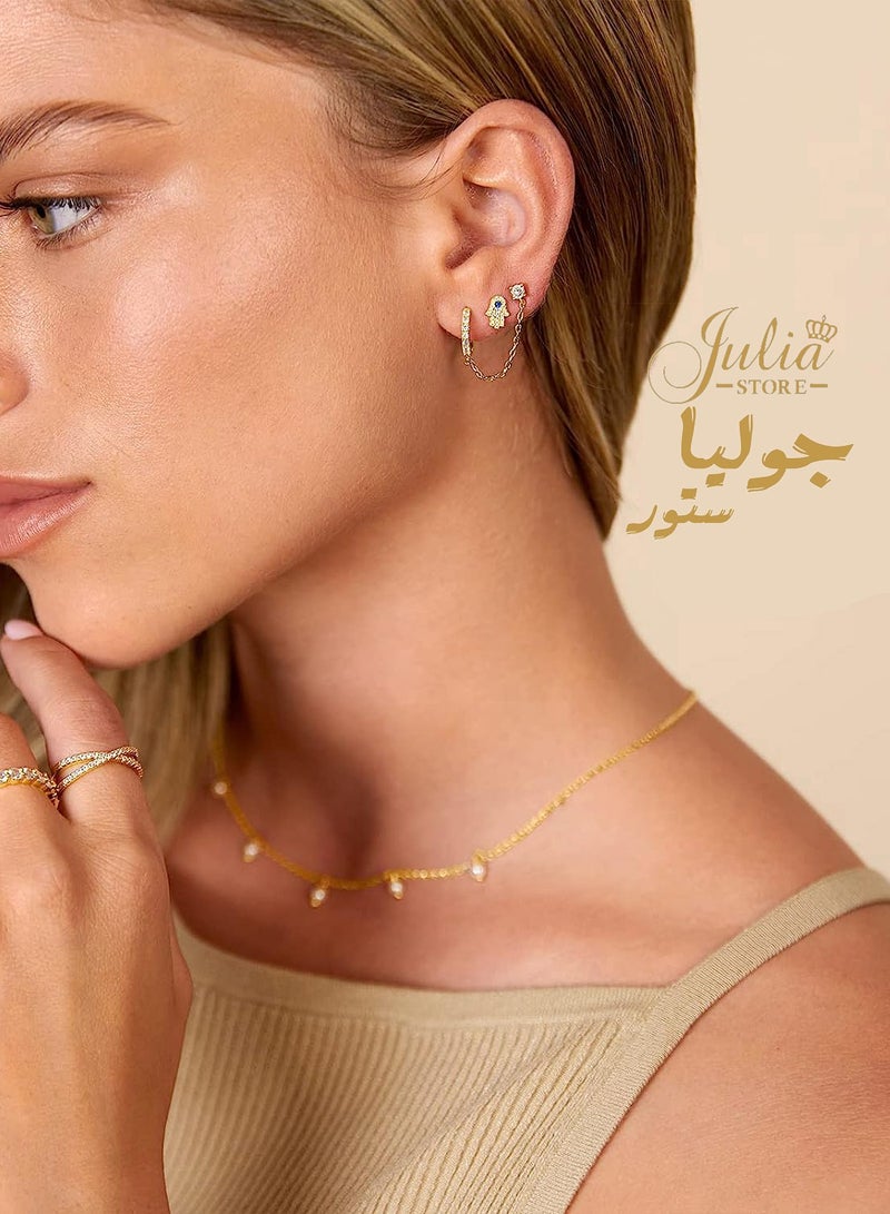 Julia Store Cubic Zirconia Stud 18K Gold Plated Piercing Huggie Earrings Dainty 1 Piece Hoop Earrings Chain for Women Teen Girls Double Piercing Earrings Two Holes By Julia Store - Image 4