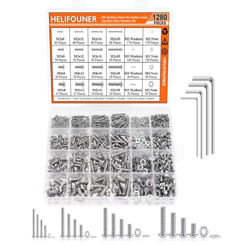1280-grain combination 304 stainless steel round head hexagon socket set combination box screw Amazon screw set M2M3M4M5 combination set [1280 tablets]] 