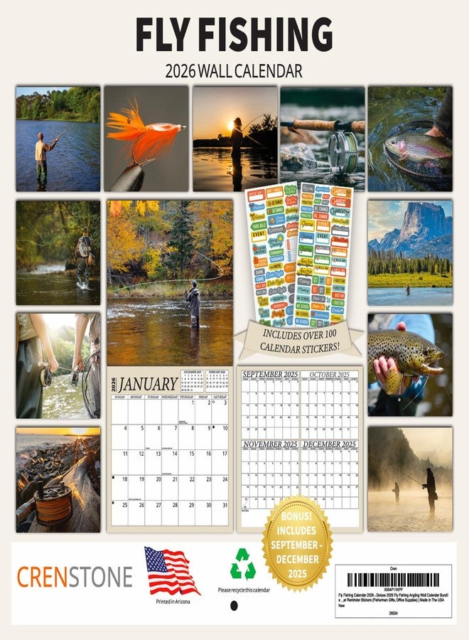 Crenstone Fishing Calendar 2026 - Fly Fishing Outdoors 2026 Wall Calendar, Includes 100+ Reminder Stickers | 12" x 24" Open | Giftable | Made in The USA - Image 2