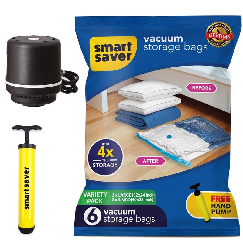 Smart Saver Polyamide Polyethylene Vacuum Compression Bags|Vacuum Storage Bags|Vacuum Bags For Travel|Space Saver Vacuum Bags(3Jumbo + 3Large With Electric And Manual Handpump),White - Image 1