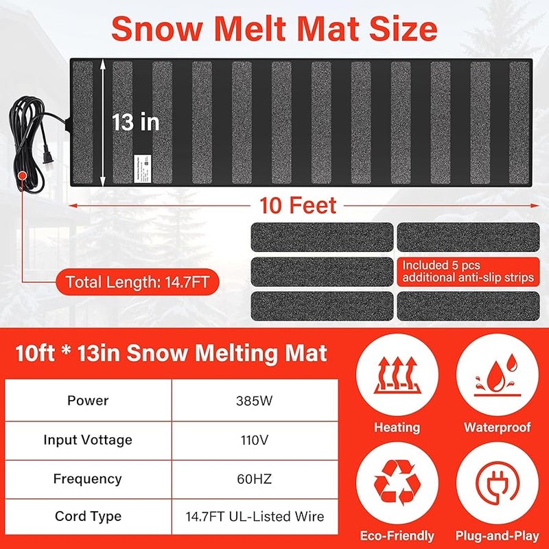 Arabest Heated Snow Melting Mats Outdoor,Anti-Slip Outdoor Winter Heated Mat for Walkways,3 in/h Speed Snow and Ice Melting Pads for Winter Backyards,Prevention Roof and Valley Ice Dam(10FTx13IN) - Image 2