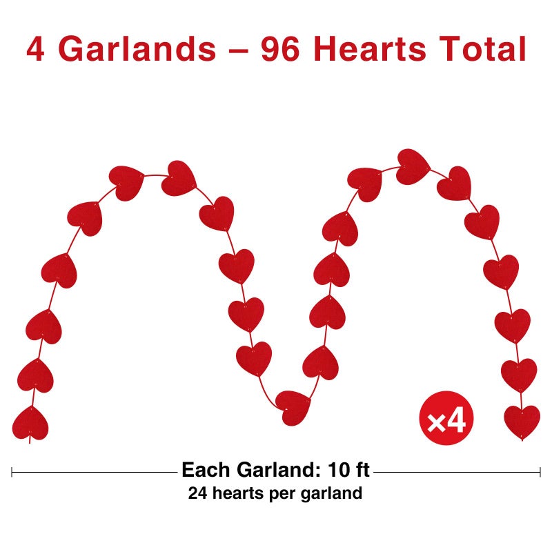 AinDen Valentines Day Decorations, 96 PCS Red Felt Heart Garland Hanging, Pre-Assembled Romantic Heart String Garland for Home, Wedding, Anniversary & Party Decor - Image 2