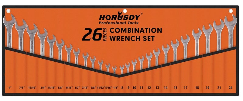 HORUSDY 26-Piece Durable Combination Wrench Set with Roll-up Pouch, Open End Wrench Set for General Household, Garage, Auto Repairs, SAE 1/4â€ - 1â€ and Metric 8mm - 24mm - Image 1