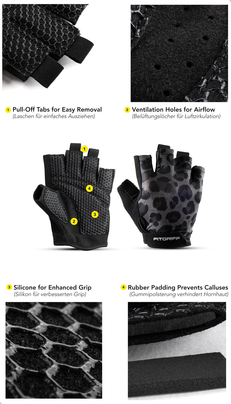 FitgriffÂ® Workout Gloves (Padded) for Men & Women - Fingerless Gym Gloves for Weight Lifting, Training - Full Palm Protection (Leopard, Size 6) - Image 3