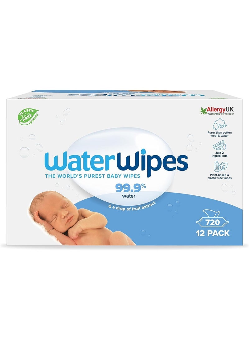 Water Wipes Original Plastic Free Baby Wipes, 720 Wet Wipes, 99.9% Water Based And Unscented For Sensitive Skin Pack of 12 - Image 1