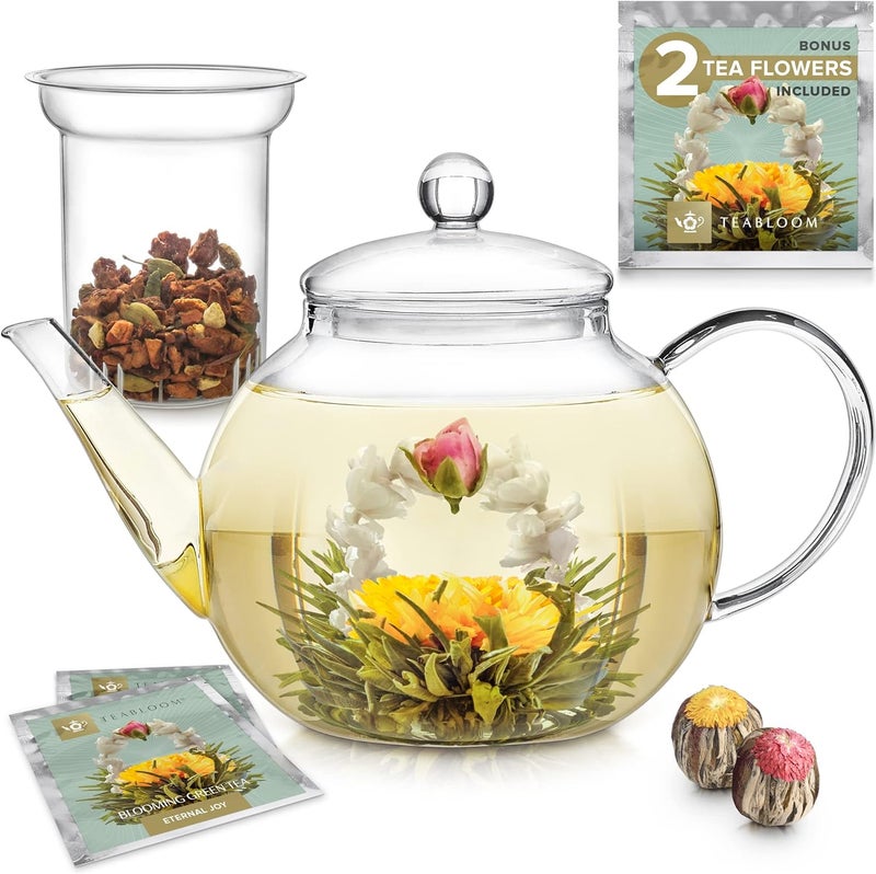 Teabloom Stovetop & Microwave Safe Glass Teapot with Removable Loose Tea Glass Infuser – Includes 2 Blooming Teas – 2-in-1 Tea Kettle and Tea Maker – Tea Purist's Choice - Image 1