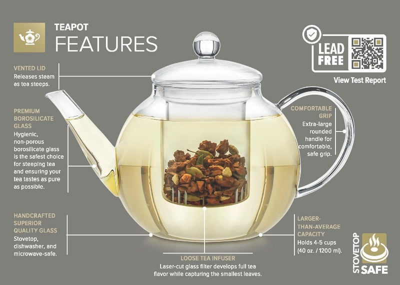 Teabloom Stovetop & Microwave Safe Glass Teapot with Removable Loose Tea Glass Infuser – Includes 2 Blooming Teas – 2-in-1 Tea Kettle and Tea Maker – Tea Purist's Choice - Image 4