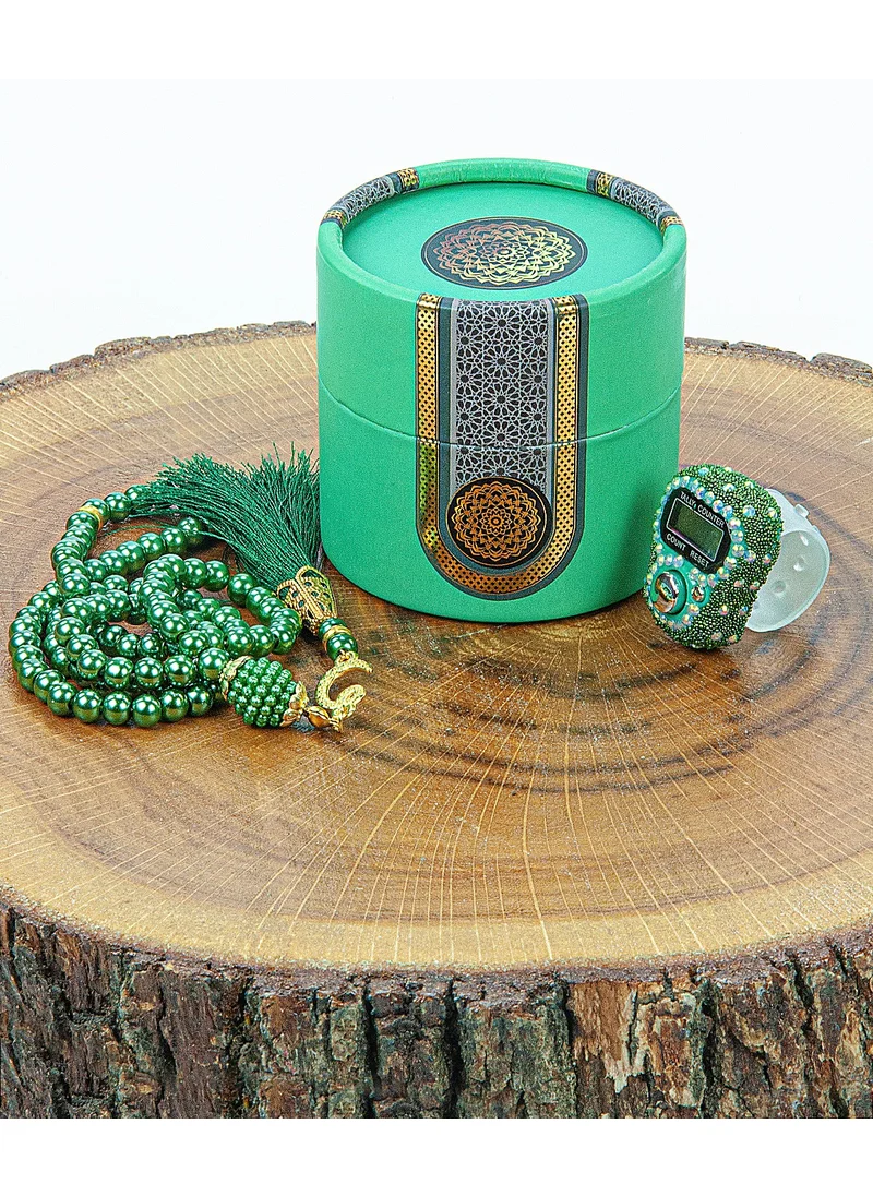 İhvan Online Cylinder Boxed Mevlüt Gift Set with Pearl Rosary and Stone Zikirmatik Green