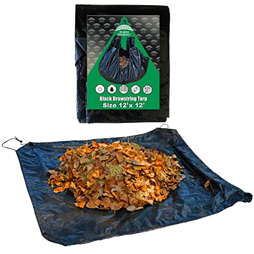 RAINDEWAY 12x12 Feet Black Poly Yard Tarp with Drawstring, Reusable Leaf Lawn Garden Tarp Bag - Image 1
