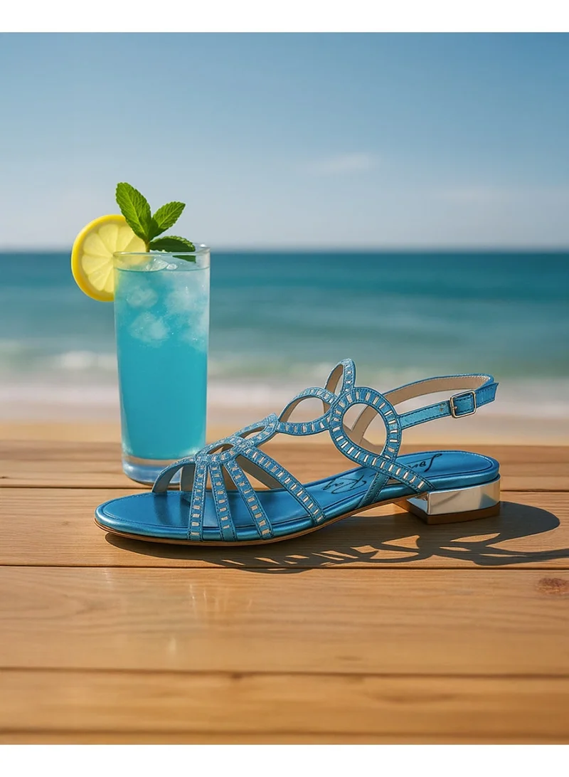 London Rag Cut Out Detail Rhinestone Flat Sandals in Denim Blue